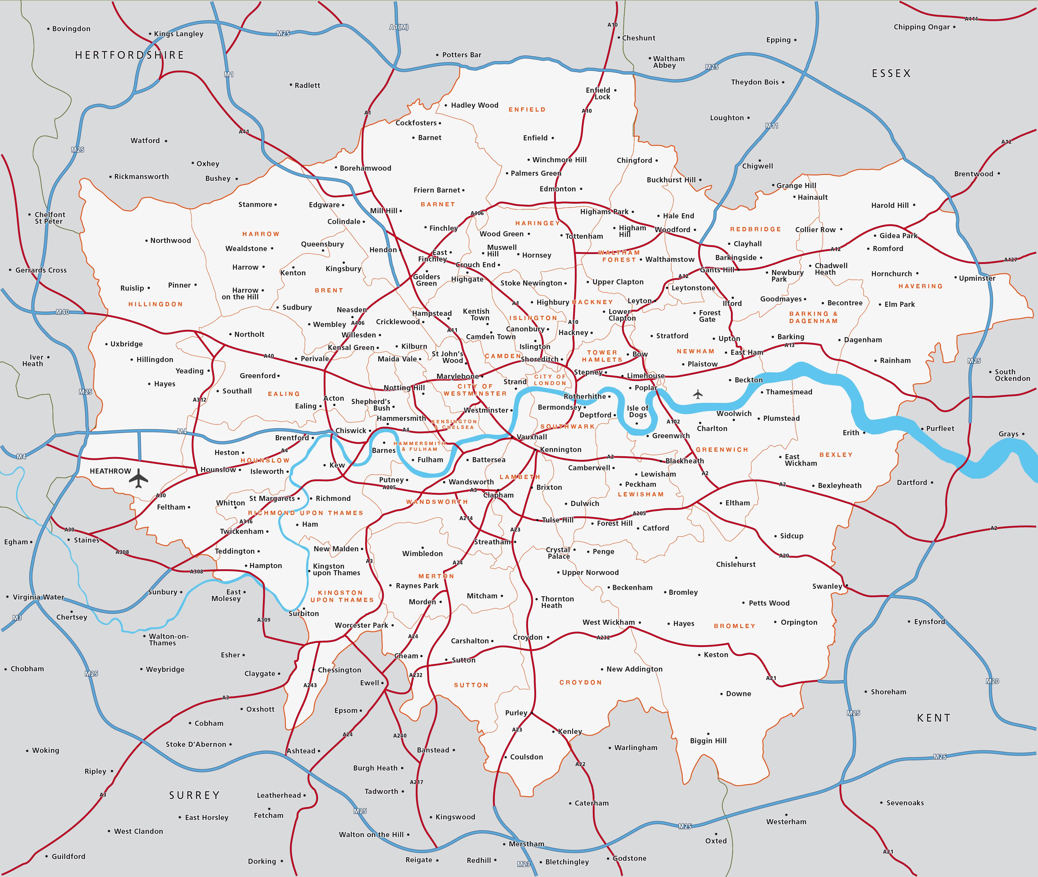 Le grand Londres, la carte - carte de la région de Londres