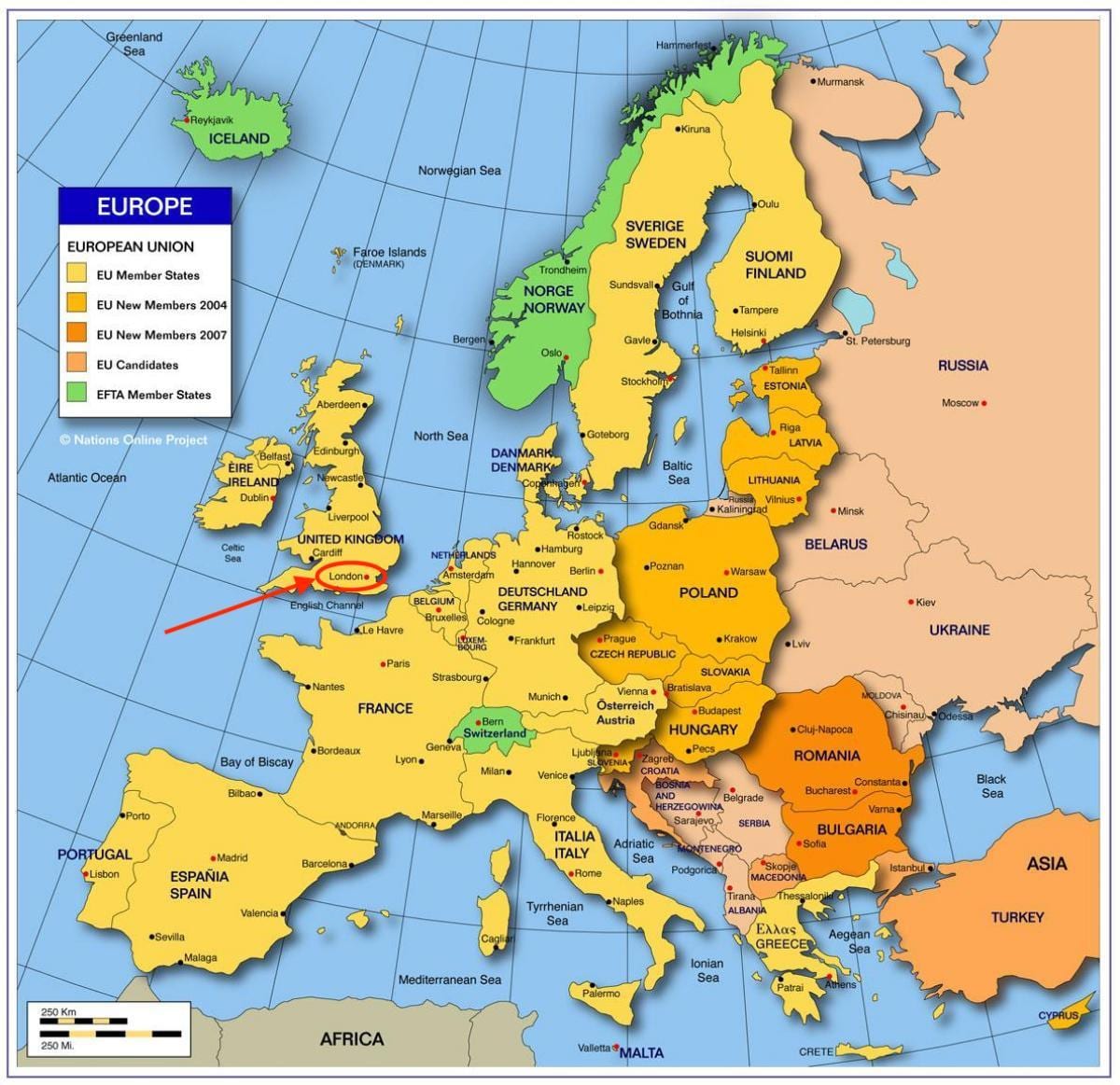 Londres sur la carte de l'Europe